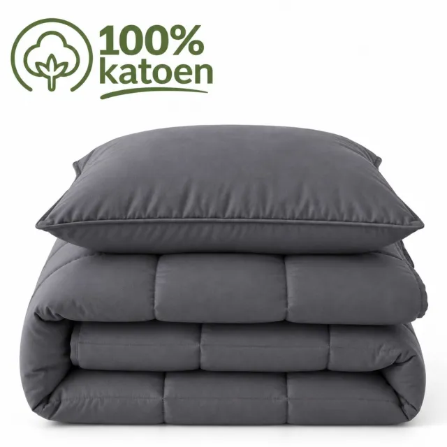 Droomtextiel Dekbed Zonder Overtrek 140x220 - Incl 1 Kussensloop - 100% Percale Katoen - Wasbaar Dekbed - Antraciet