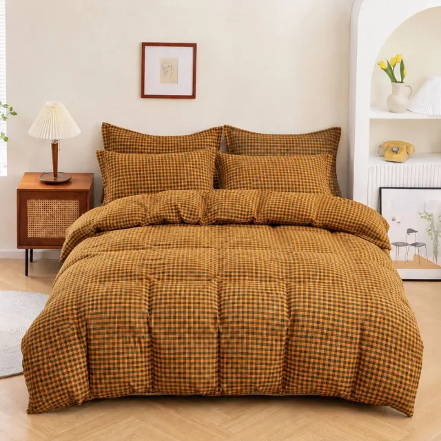 MeiLun Home Soft Living Dekbedovertrek – 200 x 220 cm – 100% katoen – 140 x 200 cm + 32cm Hoeslaken+ 2 kussenslopen van 50 × 70 cm – Caramel Check – Lits – Jumeaux
