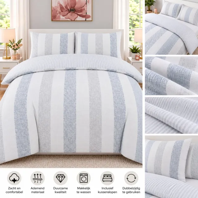 Cotton Touch Dekbedovertrek Stripes Blue Grey. wit