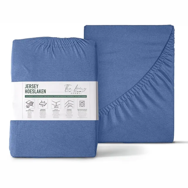 The Living Store Katoenen Hoeslaken - Enkel Jersey - 190/200 x 200/220 cm - 100% katoen - Blauw - Extra breed - Hotelkwaliteit