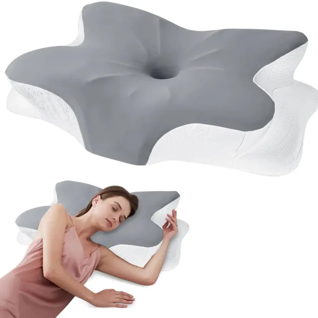 Calivari Nekkussen Traagschuim – Ergonomisch Hoofdkussen tegen Nekpijn – Voor Zij- en Rugslapers – Orthopedisch Design – Ademend & Wasbaar Jacquard witgrijs