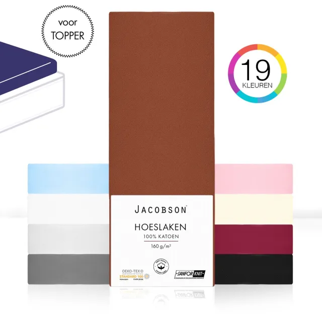 JACOBSON Hoeslaken Topper – 100% Jersey Katoen – 200x200 cm – Bruin