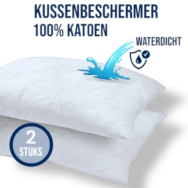 Bed Care Badstof Kussenbeschermer Waterdicht - 60x70 cm - 2 Stuks - 100% Katoen - Met Ritssluiting Wit, White
