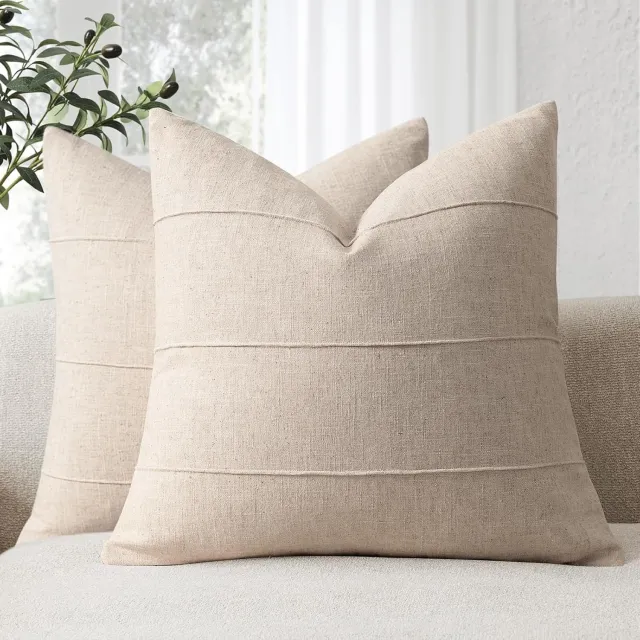 Flintry Kussenslopen Voor Bank Van Natuurlijk Linnen 50x50 CM - Set Van 2 Stuks - Zachte Effen Natuurbeige Kussenslopen Met Strepenpatroon - Geschikt Voor Bank, Bed, Slaapkamer en Woonkamer