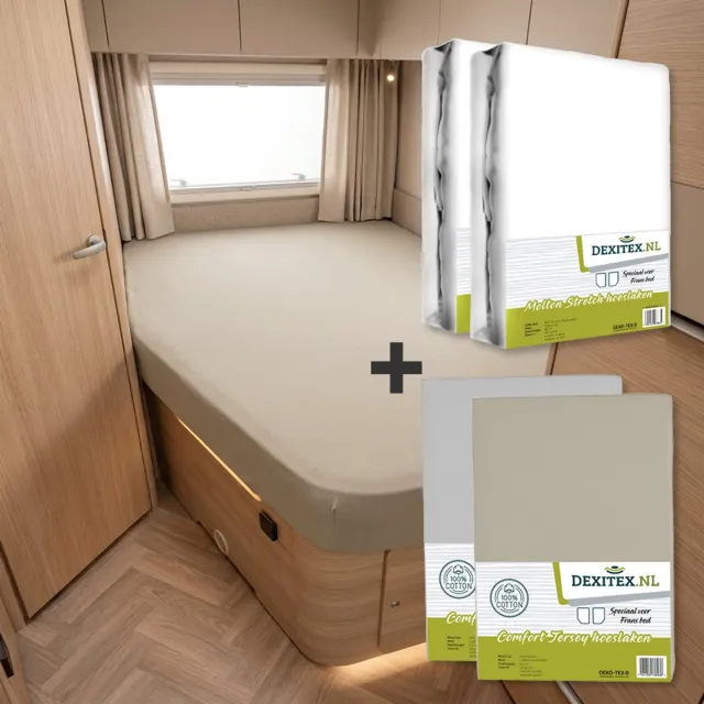dexitex Textielpakket Frans bed - 2 molton met 2 hoeslakens - links 1 x Licht grijs + 1 x Zandkleur 2 x molton/ 1 x lichtgrijs hoeslaken + 1 x zandkleur hoeslaken