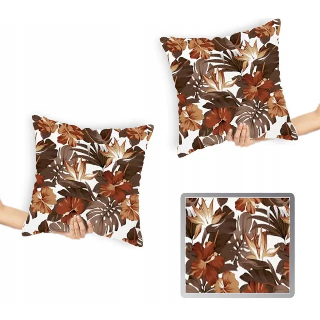 Designpremium 2x Katoenen Satijnen Kussenslopen Monstera Bloemen Bruin 40x40 cm