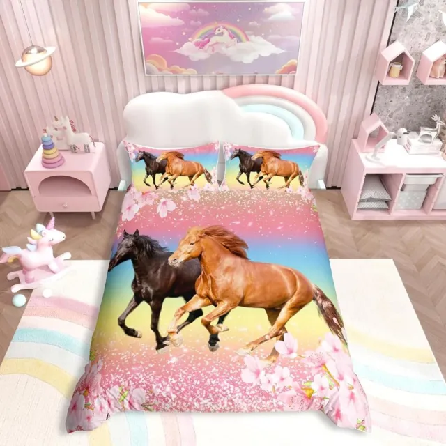 Famanu Dekbedovertrekset voor meisjes met paarden in roze, hoogwaardige microvezel, eenpersoons, tweepersoons en kingsize opties, comfortabel en ademend