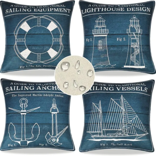 Famanu Set van 4 stuks kussenslopen voor bank, 50 x 50 cm, waterdicht, buiten, linnen, decoratieve kussenhoes voor tuin, huisdecoratie (blauwe strepen)