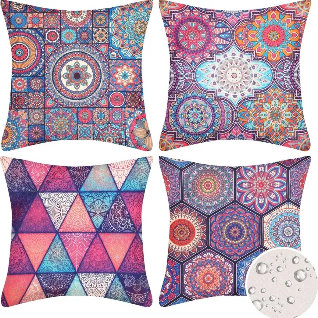 Riokem ® Pakket van 4 waterdichte kussenhoezen, linnen kussenhoezen, 50 x 50 cm, Boho met kleurrijk geometrisch patroon, decoratief kussen, mandala decoratief abstract decoratieve kussenhoezen voor Paars 02