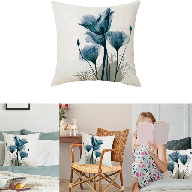 Famanu 2 stuks Kussenslopen, vintage blauwe inkt bloem linnen sierkussenslopen decoratieve slaapkamer kussenslopen voor bank woonkamer (4 bloemen) wit