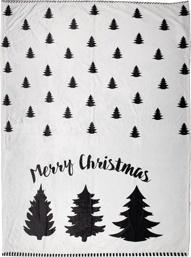 Clayre & Eef Plaid 130x170 cm Wit Zwart Polyester Kerstbomen