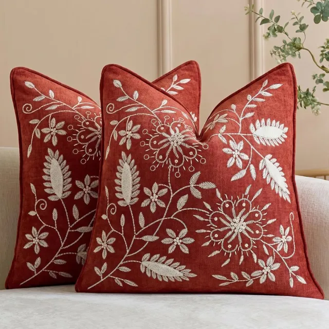 SNQ 2 Stuks Geborduurde Kussenslopen - 45x45 cm - Chenille met Bloemmotief - Terracotta - Voor Bank en Woonkamer