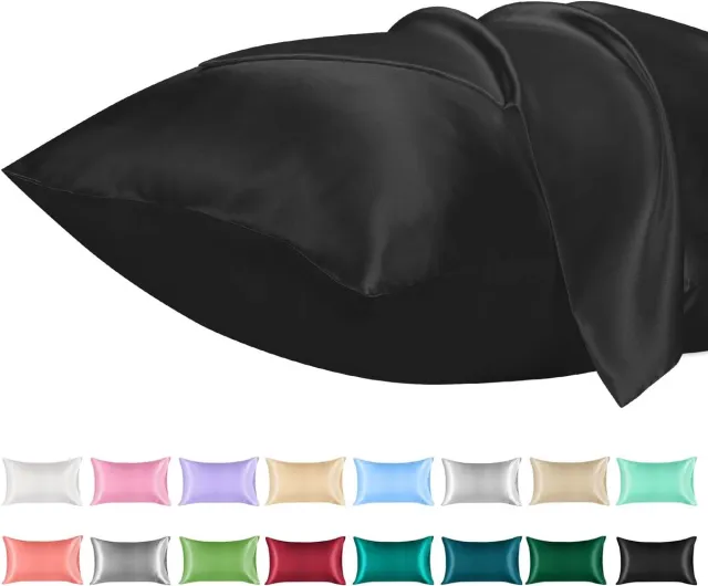 Famanu 2 Pack Satijnen Kussenslopen - Standaard Formaat Zacht Effen Kleur Microfiber Satijnen Kussensloop - Envelop Sluiting Kreukvrij Vervagingsbestendig Ademend - Zwart