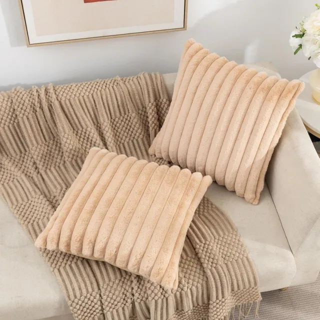 FloraGrace Kussenslopen – Sierkussensloop Set Van 2 Met Zachte Fluwelen Kussenslopen, Effen Gestreept Voor Woonkamer, Sofa En Slaapkamer – Lichtbruin – 45x45 cm
