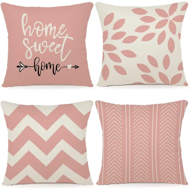 Ibenzoa Set van 4 Stijlvolle Linnen Kussenhoezen voor Binnen en Buiten, 45 x 45 cm roze