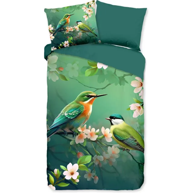 Pure dekbedovertrek bloemen en vogels - Groen - Microvezel Green