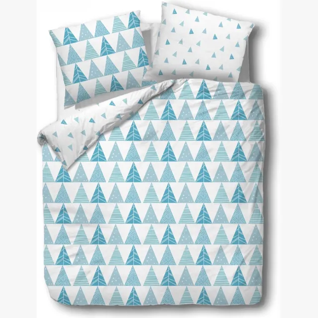 Darymex Katoen-Satijn Dekbedovertrek 160x200 cm - Blauw met Kerstbomen / Dennenbomen - 100% Natuurlijk Katoen - Met 2 Kussenslopen - Winter & Kerst Beddengoed