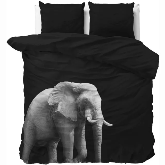 Sleeptime Lits-jumeaux dekbedovertrek (dekbed hoes) zwart met grote grijze olifant met slagtanden (fotoprint elephant) 240 x 220 cm (dieren beddengoed, Sint & Kerst cadeau))