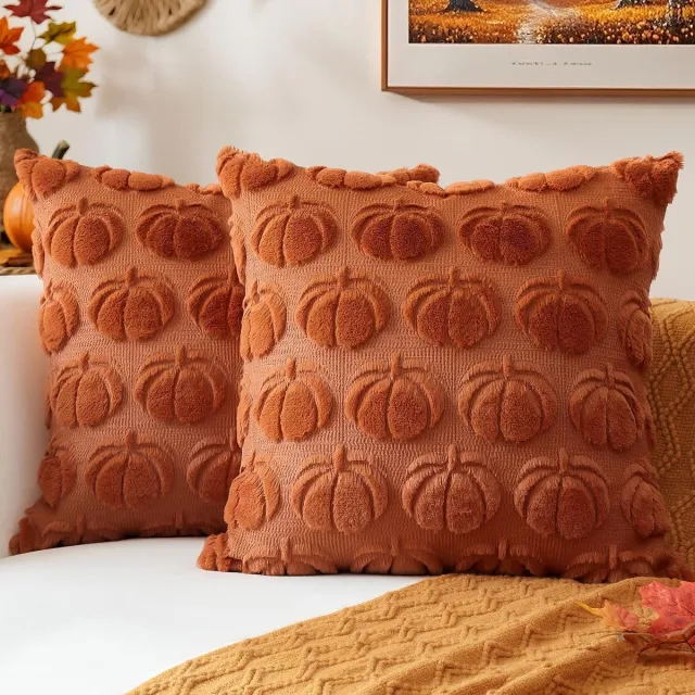 KZQ Kussenhoezen Set van 2 - Pompoen Design 45x45 cm - Pluche Herfst Kussenslopen voor Bank en Tuin - Boho Woonkamer Decoratie - Moderne Siertassen voor Binnen en Buiten