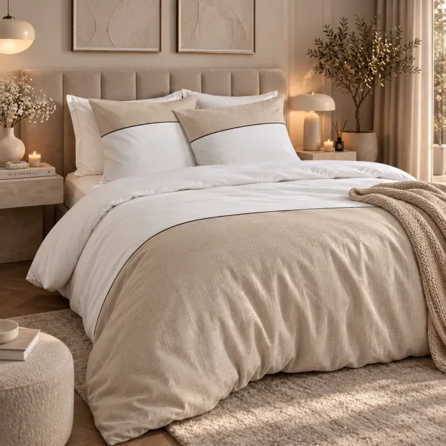 FERBELLA Luxe Dekbedovertrek Gabrielle – 100% Katoen - Beige /Wit - 240x220 cm – Zacht & Ademend - Incl. 2 Slopen