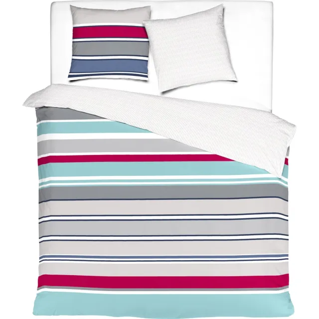 Mistral Home DEKBEDOVERTREK - katoensatijn - 140 x 200 cm + 65 x 65 cm - eenpersoons - strepen - blauw Blauw/Roze/Beige/Grijs