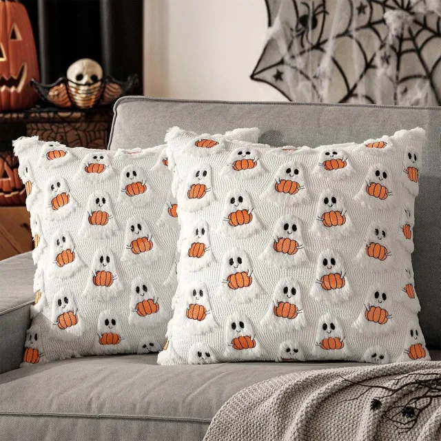 Ulisem Halloween kussensloop - 2 stuks vierkante 45x45 cm kussenslopen - Met pompoen en spook ontwerp - Zachte maar stevige stof - Inclusief verborgen rits - Machinewasbaar - Geschikt voor bank en terras - Cadeau voor halloween liefhebbers oranje