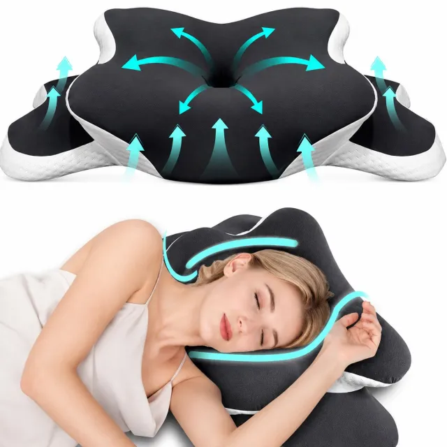 DPLUNIQ Kussen - Hoofdkussen - Nekkussen - Ergonomisch kussen - 60x40x12cm - C-vorm - Polyester - Pijn verlichtend - Zwart/Wit