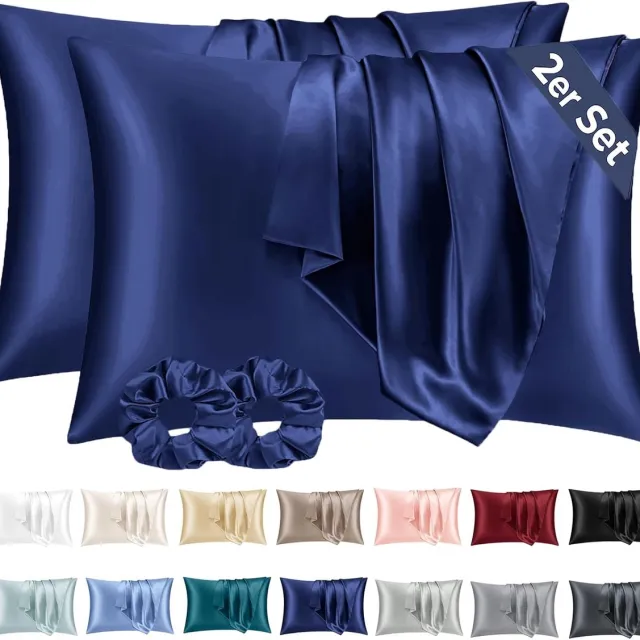 Famanu Satijnen kussenslopen 50x70 cm marine set 2, zo zacht als zijde, haar en huid, envelopsluiting met 2 haarbandjes