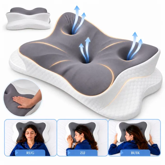 Zelrivo Trio Vlinderkussen - Ergonomisch Hoofdkussen - 3 Zones Neksteun voor Nekklachten - Ademend - 2 Hoogtes - Voor Zijslaper Rugslaper Buikslaper - Traagschuim Memory Foam - Orthopedisch - Slaapkussen - Anti Snurk - 65x40cm Grijs, Wit