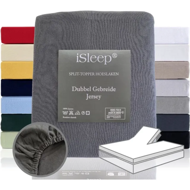 iSleep Dubbel Gebreide Jersey Split-Topper Hoeslaken - Rondom Elastiek - Tweepersoons - 160x200/210/220 - Antraciet