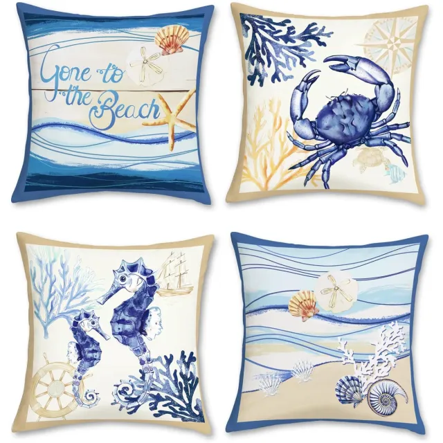 Ibenzoa Set van 4 Decoratieve Kussenslopen met Oceaan Thema, Fluweelzacht, 45 x 45 cm blauw wit