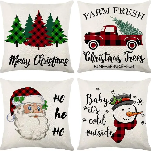 Flintry Set van 4 kerstkussenhoezen – Landelijke kerstdecoratie van linnen met ruitpatroon (Buffalo Plaid), vrachtwagen, kerstboom en sneeuw – Sierkussenhoezen 45 x 45 cm – Kerstboom, de Kerstman en sneeuwpop WIT