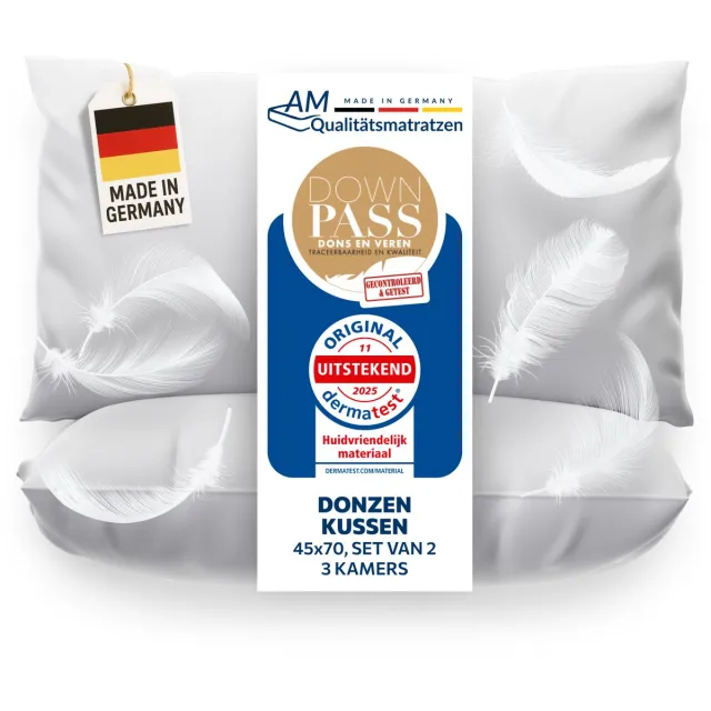 AM Qualitätsmatratzen DormiGood - Premium donskussen 45 x 70 cm 100% natuurlijk Set van 2 - 3 compartimenten hoofdkussen 80x80 1080g extra zacht - Hoogwaardig inlegwerk van katoen Wit