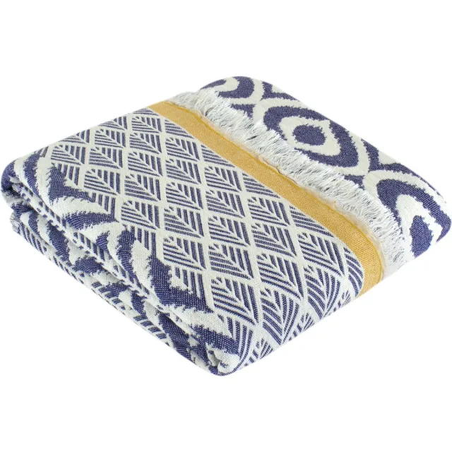 Trimita Asude plaid - 100% Turks katoen - 135 x 170 cm - blauw en geel Jeansblauw, Geel