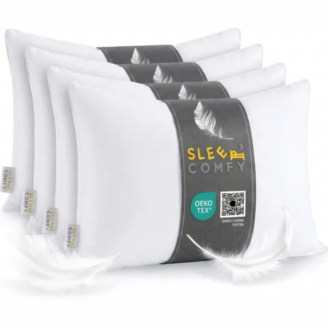 Slaap & Wonen Sleep Comfy Luxe Dons Hoofdkussen – 60 x 70 cm Set van 4 – Zacht & Veerkrachtig – Ademend Katoenen Tijk – Voor Rug, Zij- en Buikslapers Wit