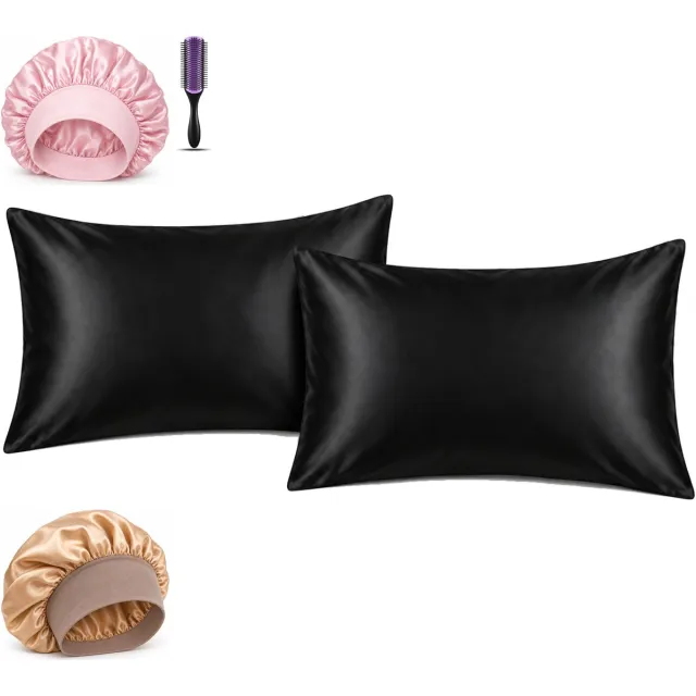 Professor Q Haar- en Slaapset - 2 Kussenslopen Zwart 60 x 70 cm - Bonnet Roze - Bonnet Goud - Purple Black Borstel