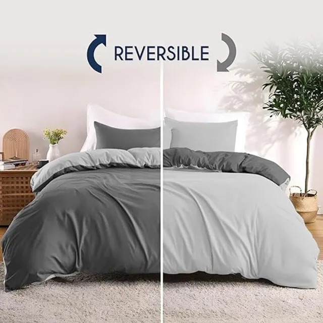 Karma Dekbedovertrek 200x200 cm met 2 kussenslopen 65x65 cm - Donkergrijs/Lichtgrijs - 200x200 Bedset in 100% microvezel - 3-delig