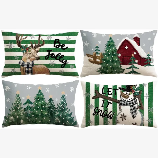 Unyqoos Set van vier feestelijke kussenslopen met sneeuwpop en eland voor kerstdecoratie Sneeuwpop En Eland - Groen