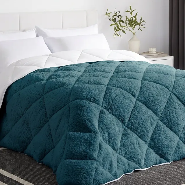 CASABEL FLANDRIA Sherpa Winterdekbed Omkeerbaar 600 g/m², Extra Warm, Zacht en Pluizig, 240x260cm, 2 Personen, Leisteenblauw Petrol