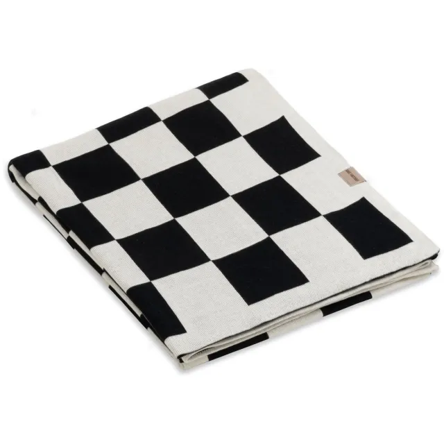 Knit Factory Caro Gebreid Plaid - Woondeken - plaid - Katoenen deken - Kleed - Geblokt motief - Ecru/Zwart - 160x130 cm