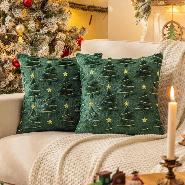 KZQ Set van 2 kussenslopen met kerstthema (vulling niet inbegrepen) - 45 x 45 cm - Enkelzijdige pluche kussensloop - Kerstboom- en sterrenpatroon - Zacht en huidvriendelijk - Geschikt voor de feestdagen in de woonkamer en slaapkamer - Groen