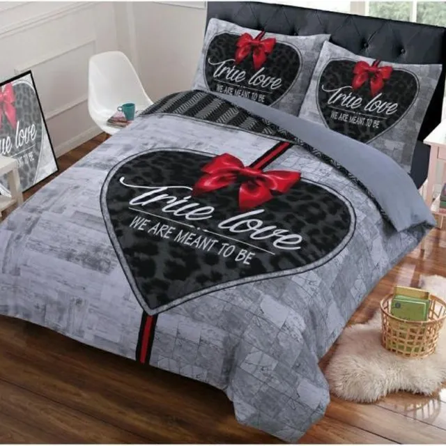 Cotton Club Dekbedovertrek True Love -Eenpersoons 140x200/220 - Hart Met Strik - Grijs/Antraciet