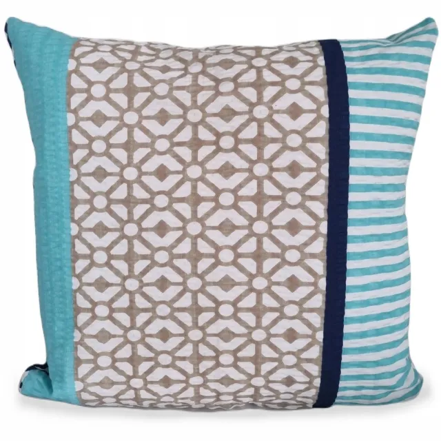 Fan Kussensloop Kora 40x40cm - Turquoise, Beige, Grijs - Geometrisch Patroon