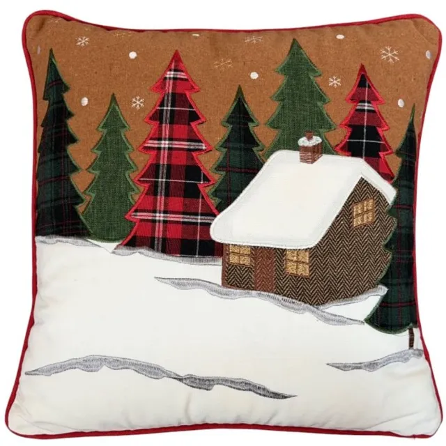 DeHome Kerstkussenhoes Winterhuisje 40x40 cm met Applicatie en Rood Randje Veelkleurig