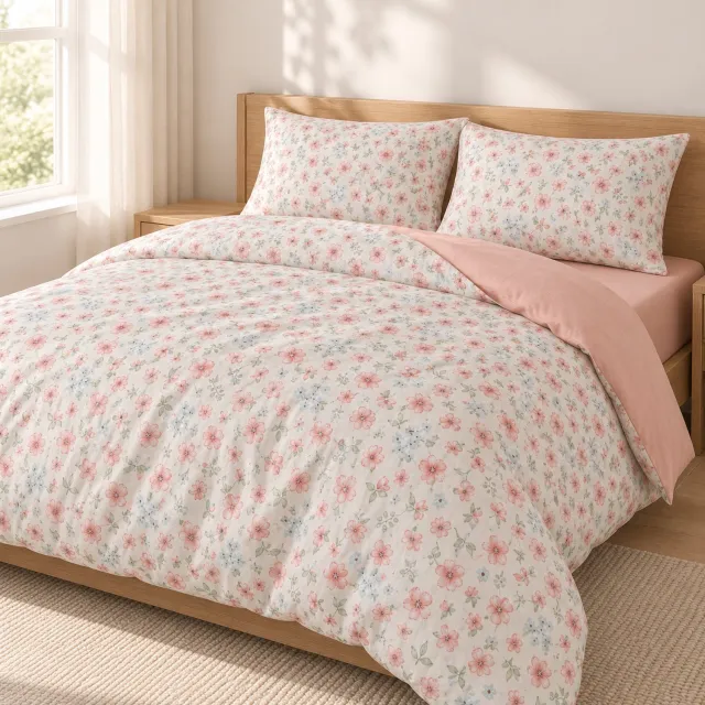 Maison Elara Dekbedovertrek Set 4-delig - 240x220 cm - incl. Hoeslaken 180x200x30 cm & 2 Kussenslopen 60x70 cm - Geborsteld Microvezel - Bloemenprint Crème/Abrikoos