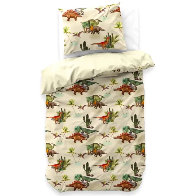 Sleeptime jongens dekbedovertrek (dekbed hoes) beige / crème met dino’s (T-rex dinosaurus) tussen groene bomen en struiken, (beddengoed voor peuters, kleuters, kinderen) creme