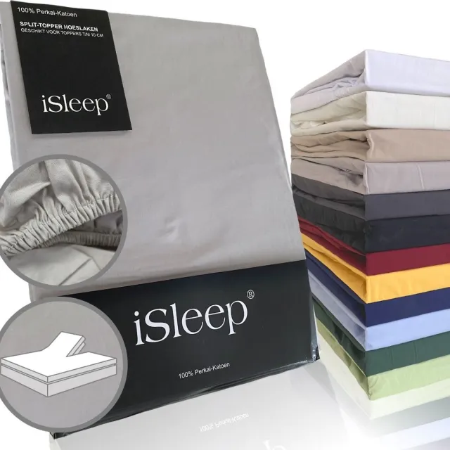 iSleep Perkal Split-Topper Hoeslaken - 100% Perkal Katoen - Rondom Elastiek - Tweepersoons - 160x200 cm - Zilver