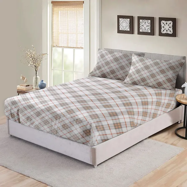 BED GLOW & APPAREL Flanel Hoeslaken en 2 Kussensloops Set – 100% Flanel – 140x200 cm + 60x70 cm – Zacht, Duurzaam & Huidvriendelijk –Ideaal voor Elke Slaapkamerstijl - Vierkanten patroon Wit