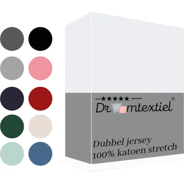 Droomtextiel Dubbel Jersey Hoeslaken Wit Lits-Jumeaux 180x200 cm - 100% Katoen - Hoge Hoek - Heerlijk Zacht - Strijkvrij - Rondom elastiek - Stretch - Dubbel Dik Geweven