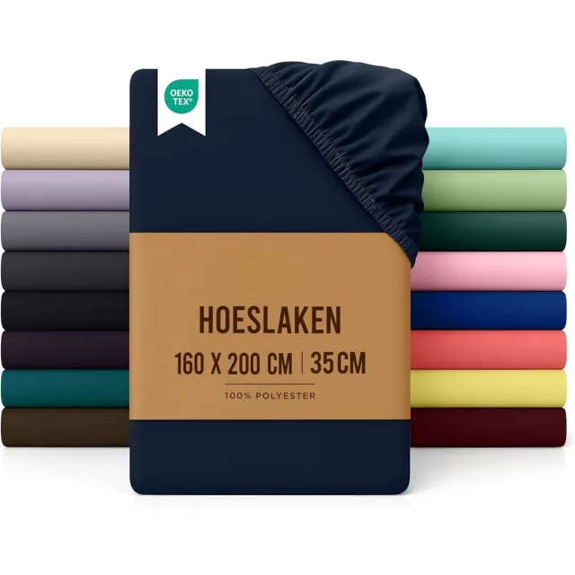 PromoHome Geborsteld Microvezel Hoeslaken met Diepe Zakken - 160x200 cm - 35 cm Matras Dikte - Ademend en Vervaagbestendig Beddengoed DonkerBlauw
